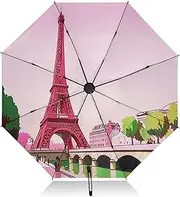 [RPLIFE] Compact Umbrella, Lightweight Durable Automatic Open/close Umbrella for Women, Travel Umbrellas for Rain, Wind and Sun, Paris Tower Pink Sky