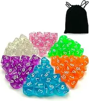 60pcs Assorted Colored Translucent D10 (1-10) Pack, 6X10pcs 10 Sides Dice Transparent Polyhedral Dice D10 Set in Black Velvet Pouch