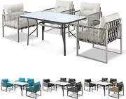 [ALFORDSON] Patio Bistro Set with 4X Lounge Chairs & 140x80x70cm Coffee Table, Rust-Resistant Steel Frame Outdoor Dining Conversation Set for Patio, Garden & Poolside, Grey Beige Color