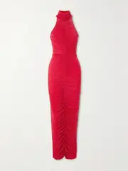 [Alex Perry] Alex Perry - Gabe Crystal-embellished Ruched Stretch-jersey Turtleneck Gown - Red - UK 12 UK 12 Red