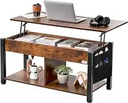 [VEVOR] Lift Top Coffee Table, 41.7 in Rectangle Coffee Table with Extra Storage Pockets, Pop Up Coffee Table for Living Room, Brown