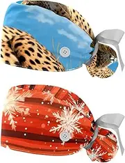 [YTYVAGT] 2-Pc,Nurse Scrub Caps,Scrub Hats with Buttons and Cotton Sweatband,Animal Leopard Traditional