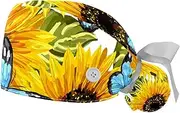 [WOSHJIUK] Working Hat 2 Pack Scrub Caps for Women,Sunflower Blue Butterfly,Tie Back Cap Adjustable Scrub Hat