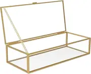 [Mbnvtxh] Glass Jewelry Box Decorative Vintage Jewelry Organizer Box with Hinged Lid and Mirrored Bottom Golden Rectangular Desktop Jewelry Organizer Holder Clear Glass Box for Storage Makeup Jewelry Card