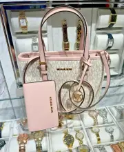 Michael Kors Jet Set Travel XS Carryall Tote + Bifold Zip Wallet (Powder Blush)
