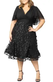 Kiyonna Pretty Petals Flutter Sleeve Cocktail Dress in Onyx Blossoms at Nordstrom, Size 2X