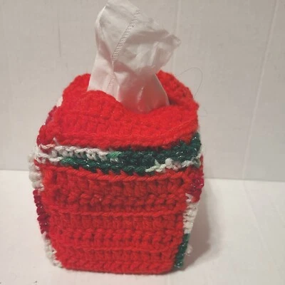Hand Crochet Facial Tissue Box Cover Topper Red, Green & White Christmas Holiday