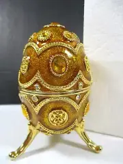 Egg Enamel Amber Bejeweled Trinket Music Box Plays Beautiful Dreamer Hinged