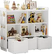 IRONCK Toy Storage Organizer with 3 Movable Drawers, Multifunctional Floor Storage Cabinet Toy Chest with 5 Storage Cubbies, Bookcase for Bedroom and Playroom, White