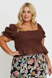 Brown Crop Top Short Sleeve Tie Front