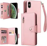 YocoverTech for iPhone Xs Max Case,for iPhone Xs Max Wallet Case[6 Card Slots and 1 Zipper Coin Pocket] PU Leather Stand Flip Cover with Wrist Strap[6.5 inch]-Pink
