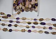 beaded bulk rosary chain, Pink Smokey Amethyst 5x8mm oval bead Gold plated chain