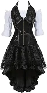 [FAWENLI] Fashion Steampunk Corset Black Burlesque Skirt With Renaissance Gothic Leather Corset Crop Top Pirate Wench Co