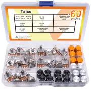 60PCS WH148 Potentiometer Switch Kit B5K/10K/20K/50K/100K Ohm 15mm Shaft with Black/Silver/Golden Knobs for Audio Contro