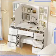 White Dressing Table Set with LED Lighted Mirror and 7 Drawers Vanity Desk