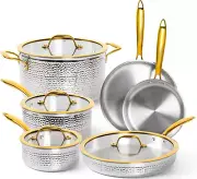 10-Piece Michelangelo Triply Stainless Steel Pots and Pans Set, Hammered Stainl