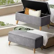 Oikiture Storage Ottoman 96 x 41 x 41cm Ottoman Bench Box Foot Rest Stool Home Bedroom Furniture, Polyester Fabric & Gold Legs, Grey