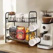 2 Tiers Coffee Mug Station Stand Cup Holder Rack Kitchen Storage Shelf 12 Hooks