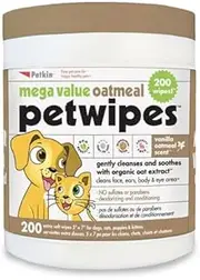 Petkin Oatmeal Mega Valu-Pack Petwipes for Dogs and Cats, Wipes Away Daily Dirt and Odour, Super Convenient, Cleans Face, Ears, Body and Eye Area, Perfect for Home or Travel