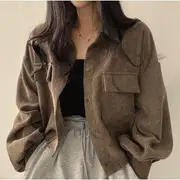 Plain Corduroy Loose-Fit Crop Shirt Jacket Black - One Size