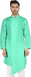 [Atasi] Casual Solid Long Sleeve Cotton Kurta for Indian Mens Mandarin Collar Irregular Hem Ethnic Shirt