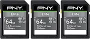 PNY 64GB Elite Class 10 U1 V10 SDXC Flash Memory Card 3-Pack - 100MB/s Read, Class 10, U1, V10, Full HD, UHS-I, Full Size SD (P-SD64GX3U1100EL-MP)