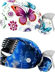 [YTYVAGT] 2-Pc,Nurse Scrub Caps,Scrub Hats with Buttons and Cotton Sweatband,Colorful Art Butterfly Pattern