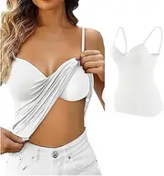 [Ruayia] Tops with Integrated Bra, Women's Cotton Tank Top, Undershirt Bra Shirt, Adjustable Spaghetti Straps Tops, Cotton Tank Top with Shelf Bra, White (L)