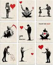 [WEBEEDY] 9 Styles Banksy Wall Art Vintage Red Heart Prints with for Wall Decor Aesthetic Graffiti Poster Boho Unframed Canvas Wall Art for Living Room Bedroom Office Home Decoration, 20x25cm/8x10''