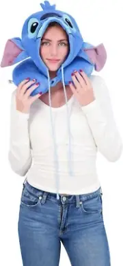 DISNEY STITCH Hooded TRAVEL Neck Pillow for Airplane Velvet Memory Foam Head
