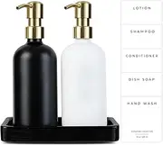 Emerson Soap Dispenser, Dish Soap Dispenser for Kitchen Sink, Hand Soap Dispenser Bathroom, Kitchen Soap Dispenser Set, Glass Hand Soap and Lotion Set for Bathroom, 16 Oz and Stone Tray | Set of 2