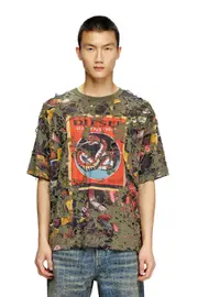 [Diesel] Diesel - Snake-print T-shirt with destroyed overlay - T-Shirts - Unisex - Green S Green