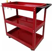 AIMALL Tool Trolley 3 Tiers Workshop Cart Rolling Steel Part Storage Handyman 150KG Red with 330LB Load Capacity, Omni-Directional Wheels, Handle, 25.6"x13.8"x29.1"