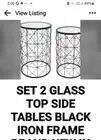 Set Of 2 Black Lattice Iron Frame Round Glass Top Side Lamp Coffee Tables 45/56