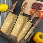Kitchen Knife Set Cleaver Santoku Paring Cut Slicing Meat Stainless Steel Gold S