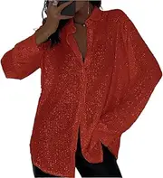 [Generic] Womens Sequin Shirts Lapel Sequin Long Sleeve Casual Top Button Down Sequin Blouses Black Club Party Tee Tops