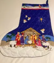 New HANDMADE Large Christmas Stocking Baby Jesus Manger Scene Quilted Fabric