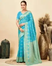 Sari Blouse Bollywood Indian Sky Blue Saree Party Designer Wedding Silk Sarees
