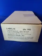 New Box of 500 Jackson-Hirsh Laminating Pouches - Label Size - 1 3/8" x 4 1/4"