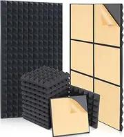 AUSLET Acoustic Panels Self-Adhesive 24 Pack 12" X 12" X 2" Sound Proof Foam Panels for Walls High Density Soundproof Wall Panels Pyramid Soundproof Foam for Home Office Studio (Black)
