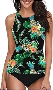 [Generic] Plus Size Swim for Women Control Two Piece High Women's High Tummy Swimsuit Neck Waist Swimwears Tankinis Set Swim Dresses for Older Women Underwire