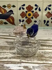 Pink & Blue Birds Glass Ring Holder Dish