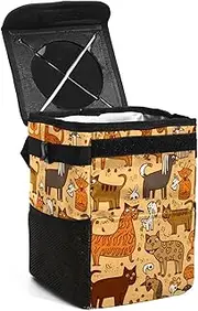 Car Trash Can with Lid,Bag Hanging Storage Pockets Leak-Proof,Portable Garbage Bin,Floral Cats and Dogs