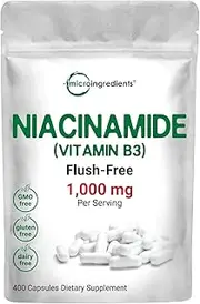 Vitamin B3 Niacinamide 500mg Per Capsule, 400 Capsules | 1,000mg Flush Free Niacin Per Serving, Essential B Vitamin Supplement | Skin Care Health & Energy Support | Non-GMO, Gluten Free