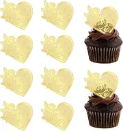 10 Pcs Gold Rose Happy Mother's Day Cupcake Toppers Acrylic Heart Shaped Cake Decoration for Mother's Birthday Party Supplies