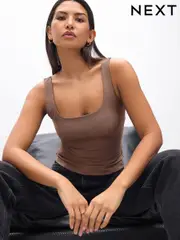 Mink Brown Soft Touch Polyamide Scoop Neck Vest Top (AU2792) | $38