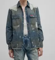 $325 PRPS Noir Mens Blue Paint Splatter Distressed Denim Snap Shirt Size S