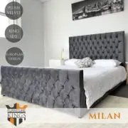 Milan King Bed Frame Studded Fabric Grey Plush Velvet Upholstered Tufts
