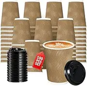 Vivva 12oz 100 Pack Ripple Wall Paper Cups, Disposable Coffee Cups with Lids, to Go Paper Coffee Cups for Hot/Cold Beverages, Tea, Hot Chocolate, Juice. Ideal for Home, Restaurant, and Cafe (Brown)