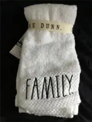 Rae Dunn EMBROIDERY Fingertip Hand Cotton Towels WHITE Set of 2 NWT FAMILY